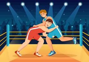 wrestling-illustration mit zwei kämpfern boxwettbewerb oder meisterschaftssport auf einer arena in flacher karikaturhand gezeichnet für landingpage-vorlagen vektor