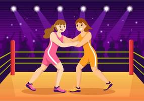 brottning illustration med två kämpar boxning konkurrens eller mästerskap sport på en arena i platt tecknad serie hand dragen för landning sida mallar vektor