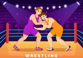 wrestling-illustration mit zwei kämpfern boxwettbewerb oder meisterschaftssport auf einer arena in flacher karikaturhand gezeichnet für landingpage-vorlagen vektor