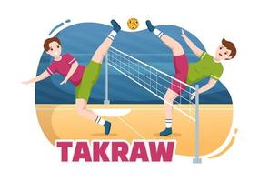 sepak takraw illustration med idrottare spelar sparka boll på domstol i platt sporter spel konkurrens tecknad serie hand dragen för landning sida mall vektor