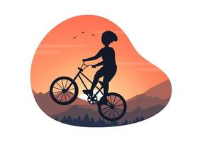bmx-fahrradsportillustration mit jungen leuten, die fahrräder für webbanner oder zielseite in einer flachen karikaturhandzeichnungshintergrundvorlage fahren vektor