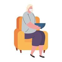 gammal kvinna som bär medicinsk skyddsmask mot covid 19, sitter i soffan, stanna hemma koncept vektor