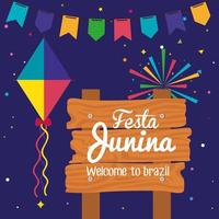 Festa Junina mit Holzschild und Dekoration, Brasilien Juni Festival vektor