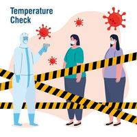 desinfektion, person i viral skyddsdräkt, med digital infraröd termometer utan kontakt, kvinnor i kontrolltemperatur vektor