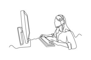 einzelne einzeilige Zeichnung glückliches Mädchen mit Headset, das Online-Videospiel auf ihrem Computer spielt. E-Sport-Spielkonzept. ununterbrochene Linie zeichnen grafische Vektorillustration des Designs. vektor