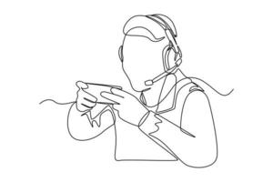 enda ett linje teckning Lycklig ung man bär headsetet spelar uppkopplad video spel på hans smartphone. e-sport spel begrepp. kontinuerlig linje dra design grafisk vektor illustration.