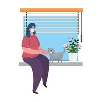 kvinna som bär medicinsk skyddsmask mot covid 19 som sitter i fönster, med kattmaskot, stanna hemma koncept vektor