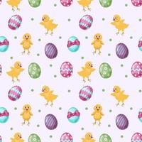 ein süßes, nahtloses Muster mit Kaninchen, Karotten und farbigen Eiern. Osterfrühlingsdesign mit Brötchen. vektor