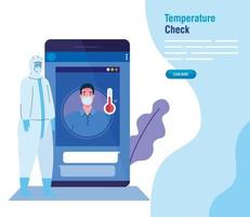 temperaturkontroll med beröringsfri termometer och smartphone, kontroll av ny teknik vektor