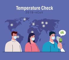 Covid 19 Coronavirus, Hand hält Infrarot-Thermometer zur Messung der Körpertemperatur, Menschen in Kontrolle Temperatur vektor