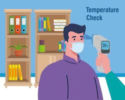 Covid 19 Coronavirus, Hand hält Infrarot-Thermometer zur Messung der Körpertemperatur, Mann überprüfen Temperatur vektor