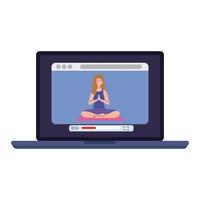 online, yogakoncept, kvinna övar yoga och meditation, tittar på en sändning på en bärbar dator vektor