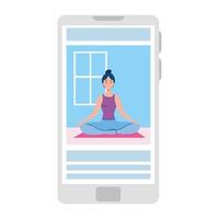 online, yogakoncept, kvinna tränar yoga och meditation, tittar på en sändning på en smartphone vektor