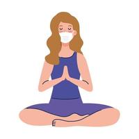 Frau meditiert mit medizinischer Maske gegen Covid 19, Konzept für Yoga, Meditation, Entspannung, gesunden Lebensstil