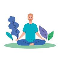 man mediterar, koncept för yoga, meditation, koppla av, hälsosam livsstil i landskapet vektor
