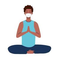 Mann Afro meditiert mit medizinischer Maske gegen Covid 19, Konzept für Yoga, Meditation, Entspannung, gesunden Lebensstil vektor