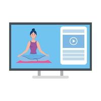 Online, Yoga-Konzept, Frau praktiziert Yoga und Meditation und sieht sich eine Sendung auf einem Computer an vektor