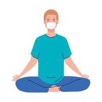 Mann meditiert mit medizinischer Maske gegen Covid 19, Konzept für Yoga, Meditation, Entspannung, gesunden Lebensstil vektor