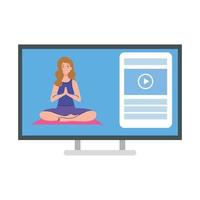 Online, Yoga-Konzept, Frau praktiziert Yoga und Meditation und sieht sich eine Sendung auf einem Computer an vektor