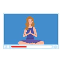 Online, Yoga-Konzept, Frau praktiziert Yoga und Meditation und sieht sich eine Sendung auf einer Webseite an vektor