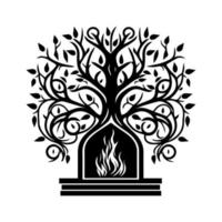 en fantastisk öppen spis i en skön träd trunk. dekorativ illustration för logotyp, emblem, broderi, vägg konst, hantverk. vektor