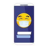 smartphone och emoji med slutna ögon bär medicinsk mask på vit bakgrund vektor