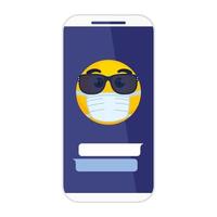 smartphone med emoji som använder solglasögon som bär medicinsk mask på vit bakgrund vektor