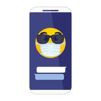 Smartphone mit Emoji unter Verwendung der Sonnenbrille, die medizinische Maske auf weißem Hintergrund trägt vektor