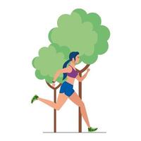 kvinna som kör i naturen, kvinna i sportkläder som joggar med trädväxten på vit bakgrund vektor