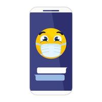 smartphone med emoji som bär medicinsk mask på vit bakgrund vektor