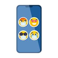 smartphone med emojis som bär medicinsk mask på vit bakgrund vektor