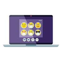 Emojis tragen medizinische Maske in Seite auf Videoanruf, gelbe Gesichter mit weißer chirurgischer Maske in Laptop-Computer vektor