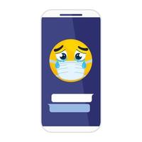 Smartphone mit weinendem Emoji, das medizinische Maske auf weißem Hintergrund trägt vektor
