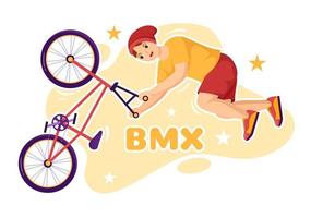 bmx-fahrradsportillustration mit jungen leuten, die fahrräder für webbanner oder zielseite in einer flachen karikaturhandzeichnungshintergrundvorlage fahren vektor