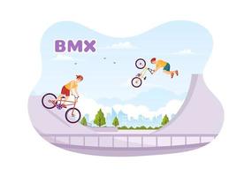 bmx cykel sport illustration med ung människor ridning cyklar för webb baner eller landning sida i platt tecknad serie hand teckning bakgrund mall vektor
