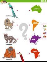 matcha djurarter och kontinenter pedagogiskt spel vektor