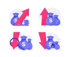 Geldeinnahmen-Gewinn-Icon-Konzept, Kapitalerhöhung oder Mittelrückgang, Budget-Bargeldverlust, Konkurs und Reduzierungskosten als Finanzwirtschaftskrise oder Börsensturz vektor