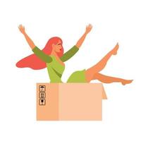 omlokalisering begrepp. Lycklig ung kvinna rör på sig in i en hus, lägenhet. leende flicka förpackning eller uppackning kartong lådor. flyttar till en ny Hem. isolerat platt vektor illustration