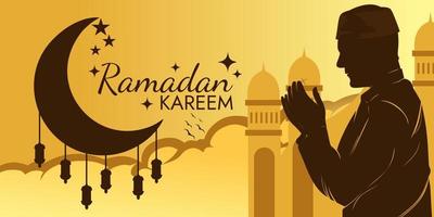 islamisches ramadan kareem grußfahnendesign mit silhouettenillustration des betenden muslimischen mannes, laterne, moschee und halbmond vektor