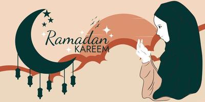 islamic ramadan kareem baner design med tecknad serie illustration av kvinna i hijab bön- på soluppgång. lykta och halvmåne måne platt design vektor