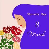 8. märz, helle postkarte mit einem mädchen mit langen lila haaren. handgefertigt. Internationaler Frauentag. vektor