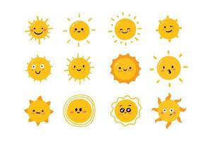 stor bunt av söt Sol karaktär illustration för barn design element. uppsättning av rolig Sol i barnslig stil vektor