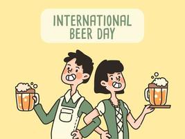 pojke och flicka internationell öldag firande söt tecknad som håller öl alkoholhaltig dryck vektor
