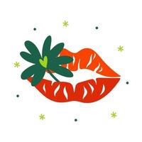 Vierpass in leuchtend roten Lippen. einfache Vektorillustration. Kuss für Glück. weiblicher Mund mit grünem Kleeblatt. irischer feiertag saint patrick's day. Cliparts für Karten, Poster. isoliert auf weiß vektor