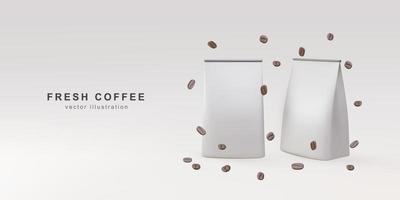 3d baner med realistisk två paket kaffe och kaffe bönor på en grå bakgrund. vektor illustration.