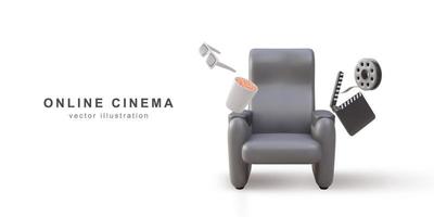 3D-realistischer Kinosessel mit bequemen Ellbogen in der Nähe von Popcornschüssel, Tickets, Filmrolle und Filmklöppel. Vektor-Illustration. vektor