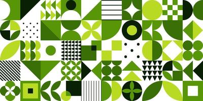 Minimales Vintage 20er geometrisches Vintage nahtloses Musterdesign in grüner Öko-Bio-Farbe für Druck, Textil. bauhaus retro hintergrund, vektor flacher abstrakter kreis, dreieck und quadratische linienkunst