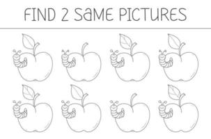 hitta två samma bilder är ett pedagogisk spel för barn med äpple och larv. söt äpple med mask färg bok. vektor illustration.