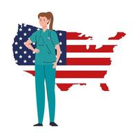Doktorfrau mit Stethoskop und USA-Flaggenkartenvektorentwurf vektor