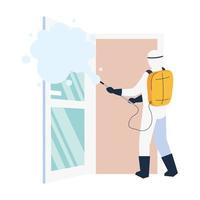 Person im Schutzanzug oder in der Schutzkleidung, zur Reinigung sprühen und das Virus in der Tür desinfizieren, Krankheit 19 auf weißem Hintergrund